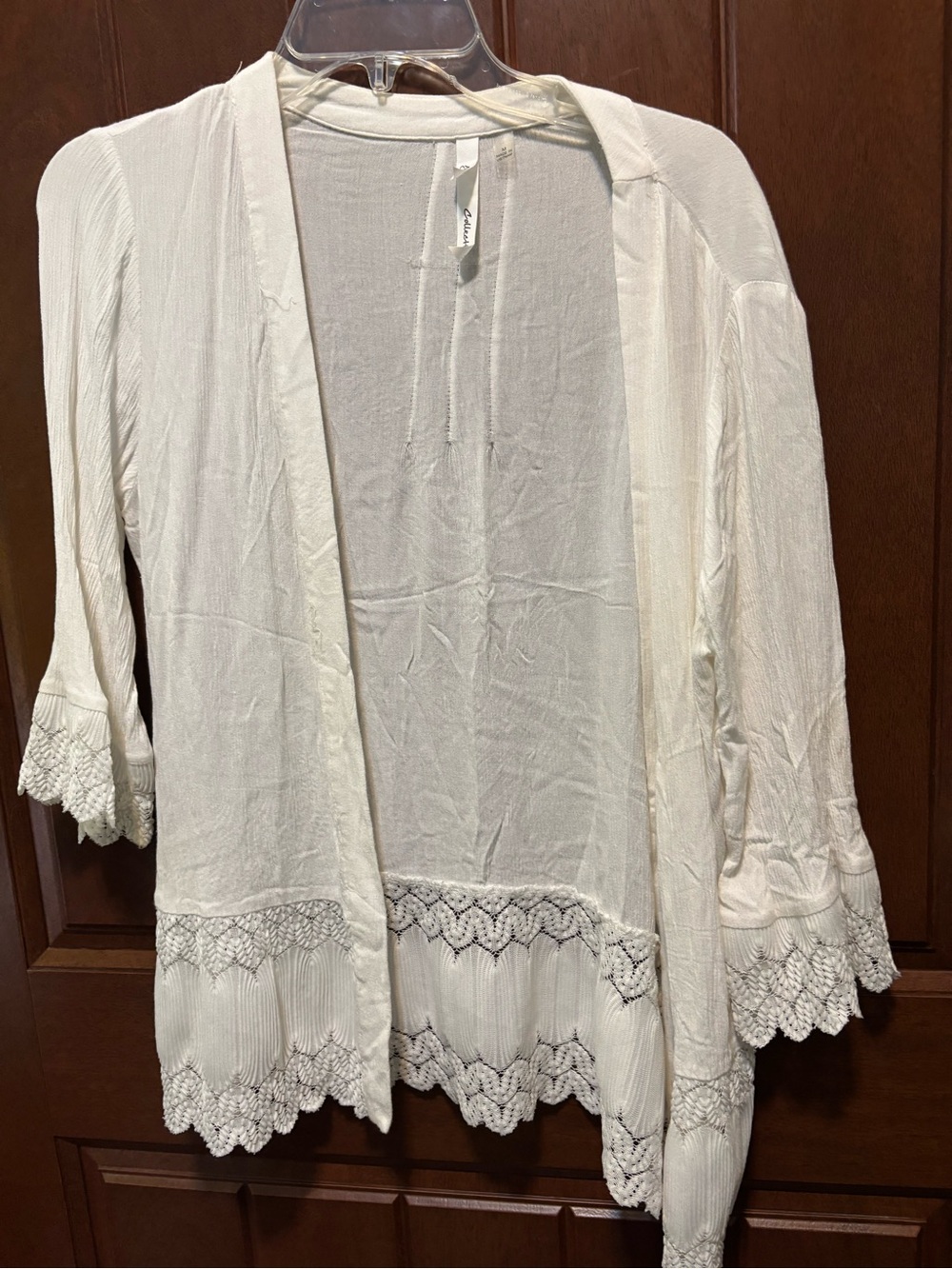 NY Collection Cream Crochet-Trim Open Front Robe - Picture 1 of 5